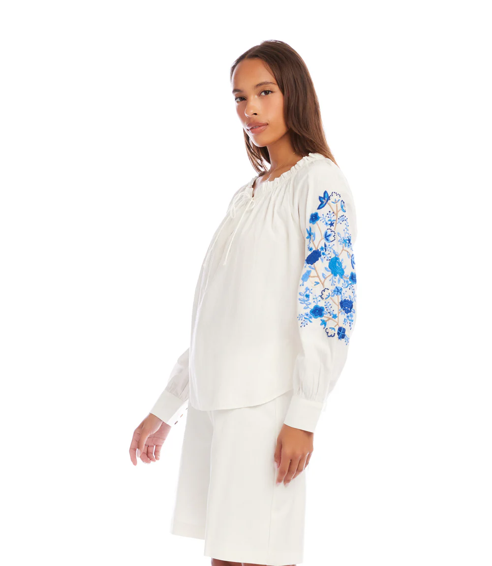 Embroidered Blouson Sleeve Tie-Neck Peasant Top - Image 3