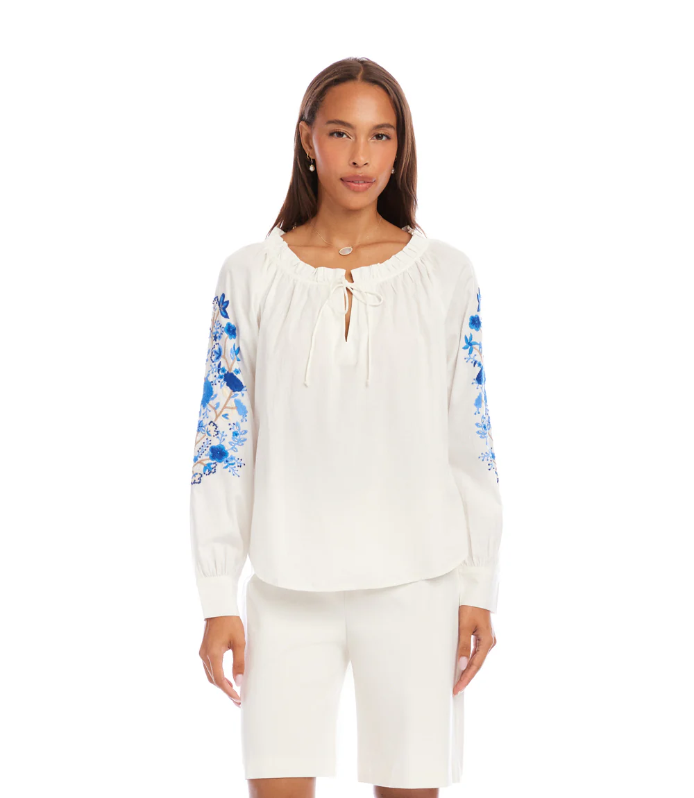 Embroidered Blouson Sleeve Tie-Neck Peasant Top - Image 4