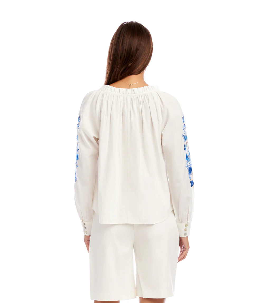 Embroidered Blouson Sleeve Tie-Neck Peasant Top - Image 5