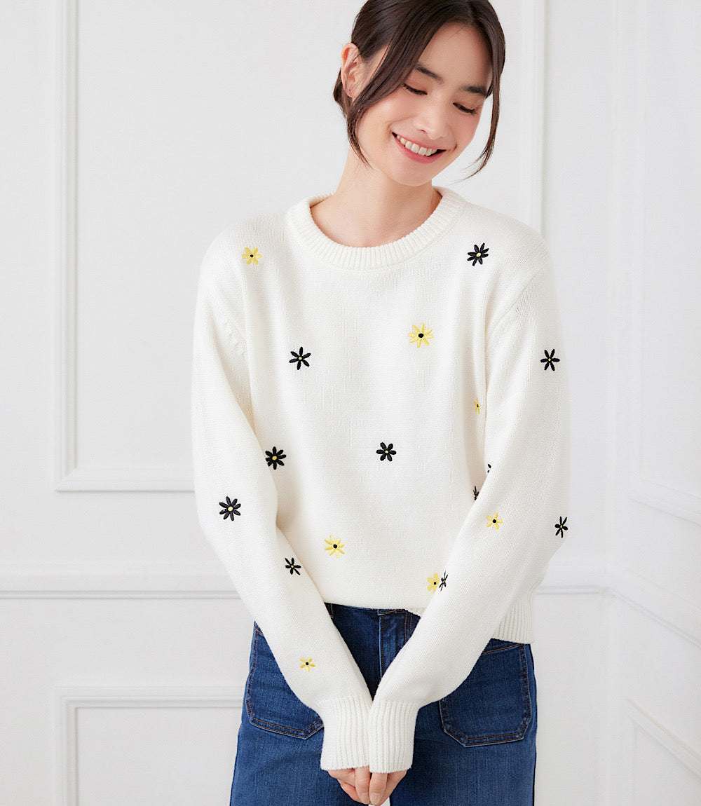 Embroidered Daisy Crewneck Sweater - Image 7