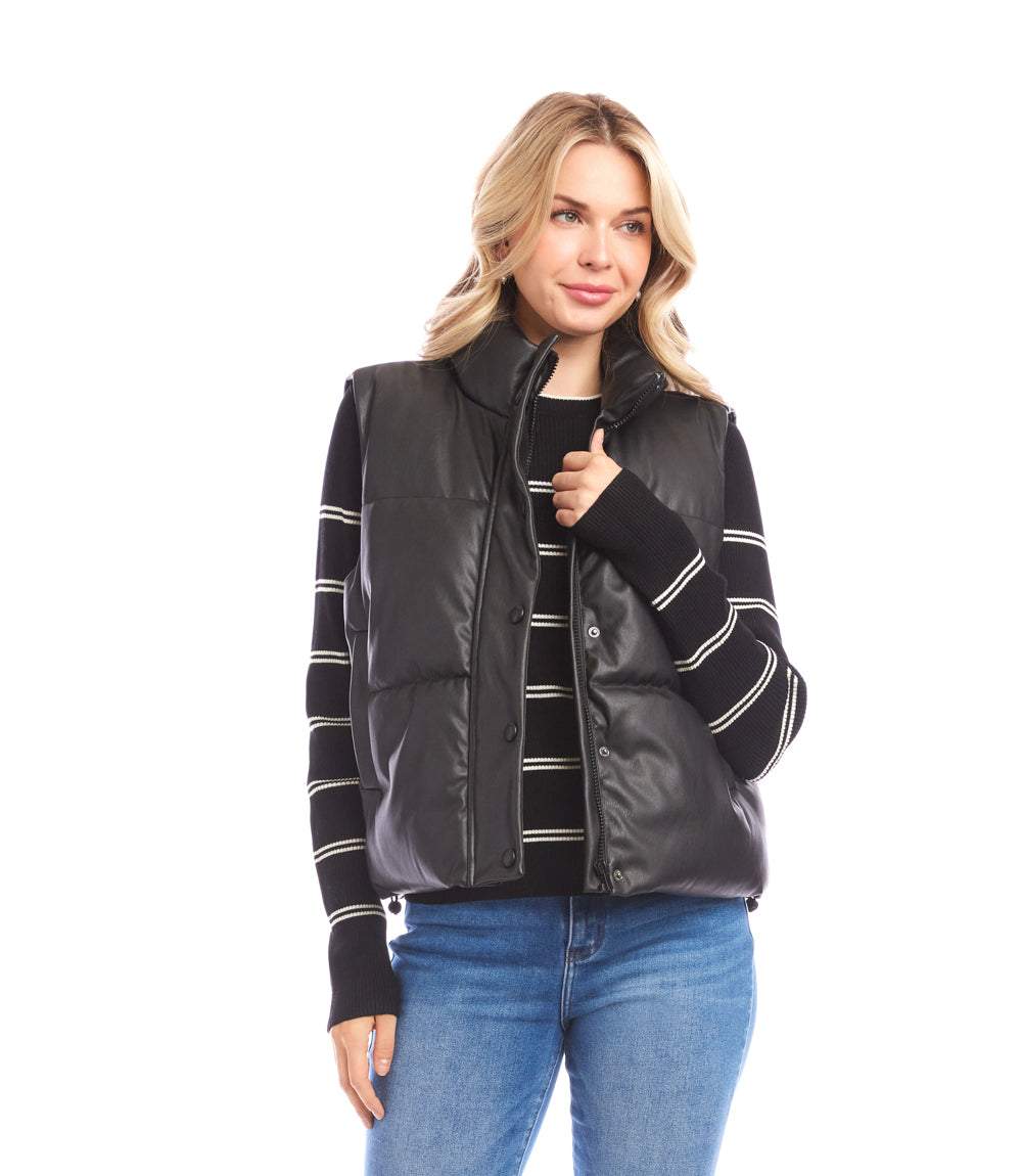 Faux Leather Quilted Puffer Vest - Image 3