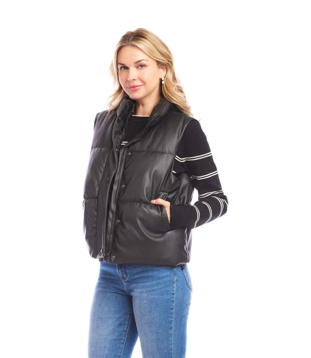 Faux Leather Quilted Puffer Vest - Image 4