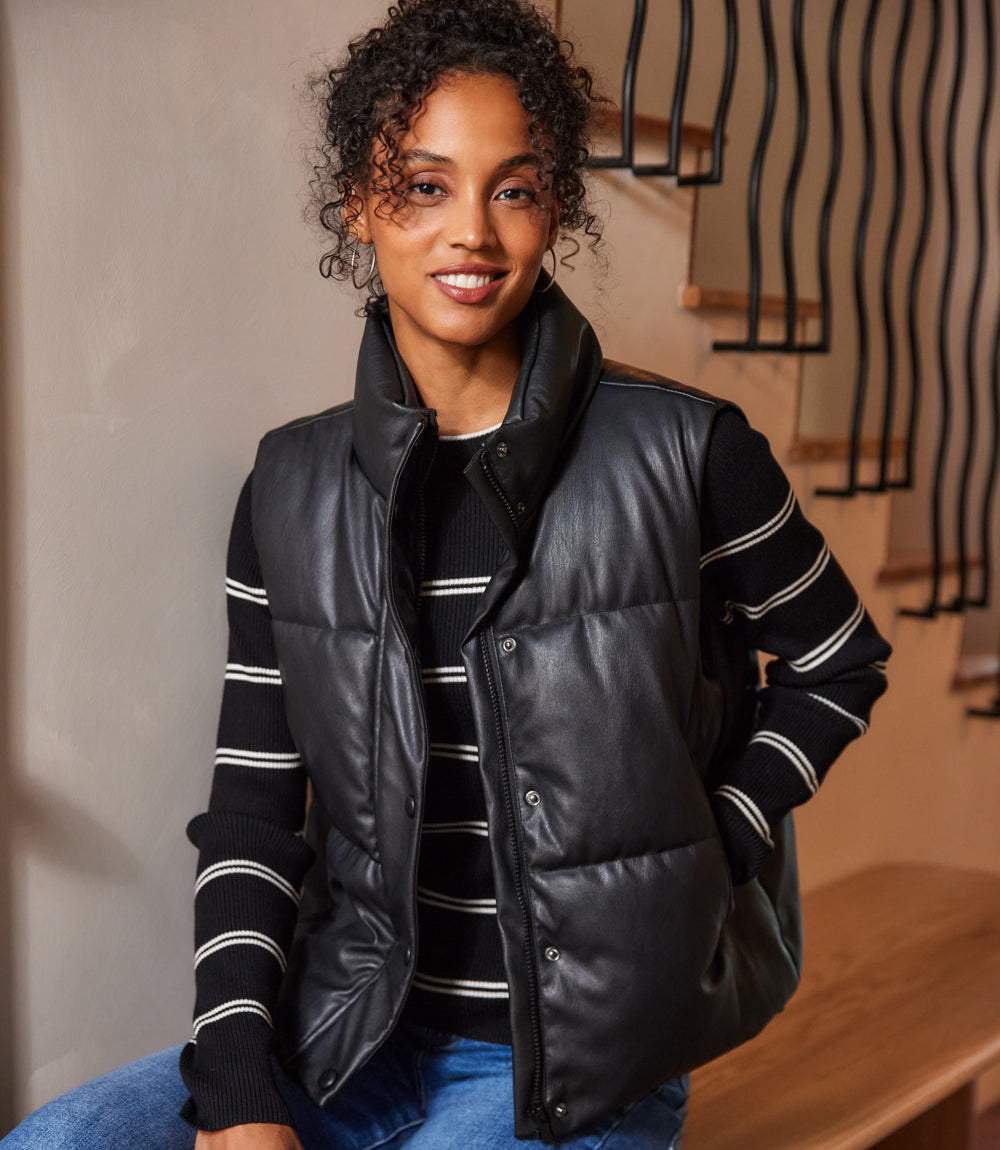 Faux Leather Quilted Puffer Vest - Image 6