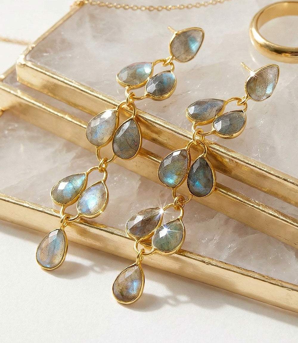 Feather Drop Gemstone Earrings - Image 2