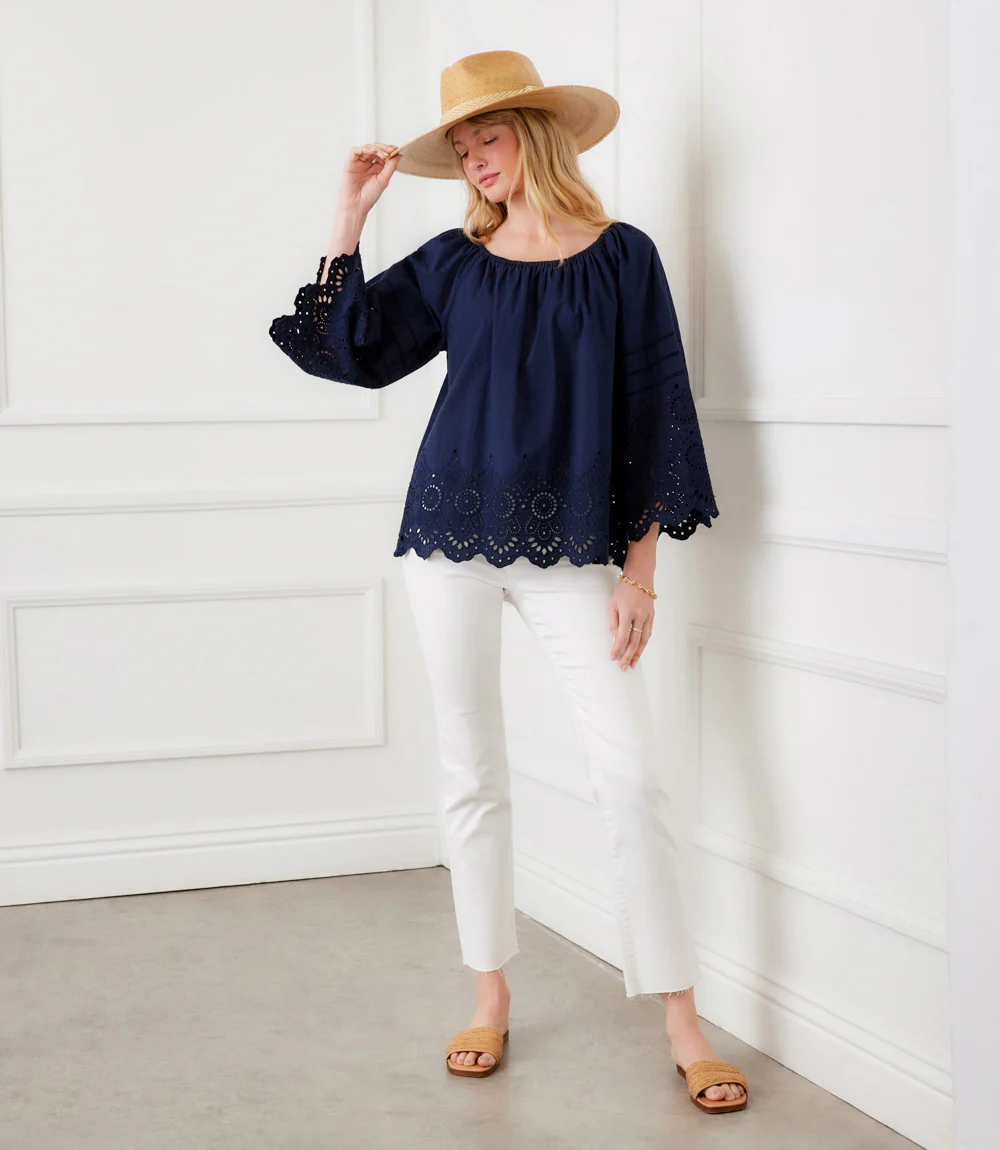 Flare Sleeve Embroidered Scallop Edge Peasant Top - Image 2