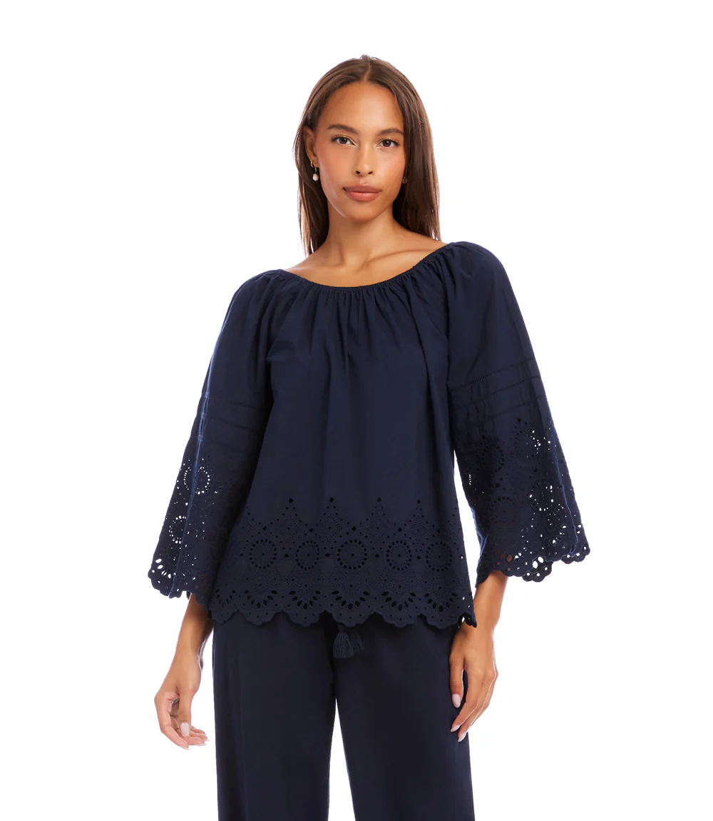Flare Sleeve Embroidered Scallop Edge Peasant Top - Image 3