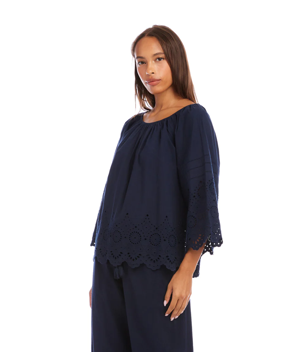 Flare Sleeve Embroidered Scallop Edge Peasant Top - Image 4