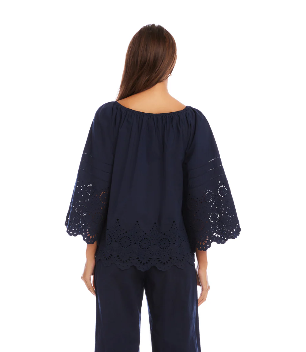 Flare Sleeve Embroidered Scallop Edge Peasant Top - Image 5