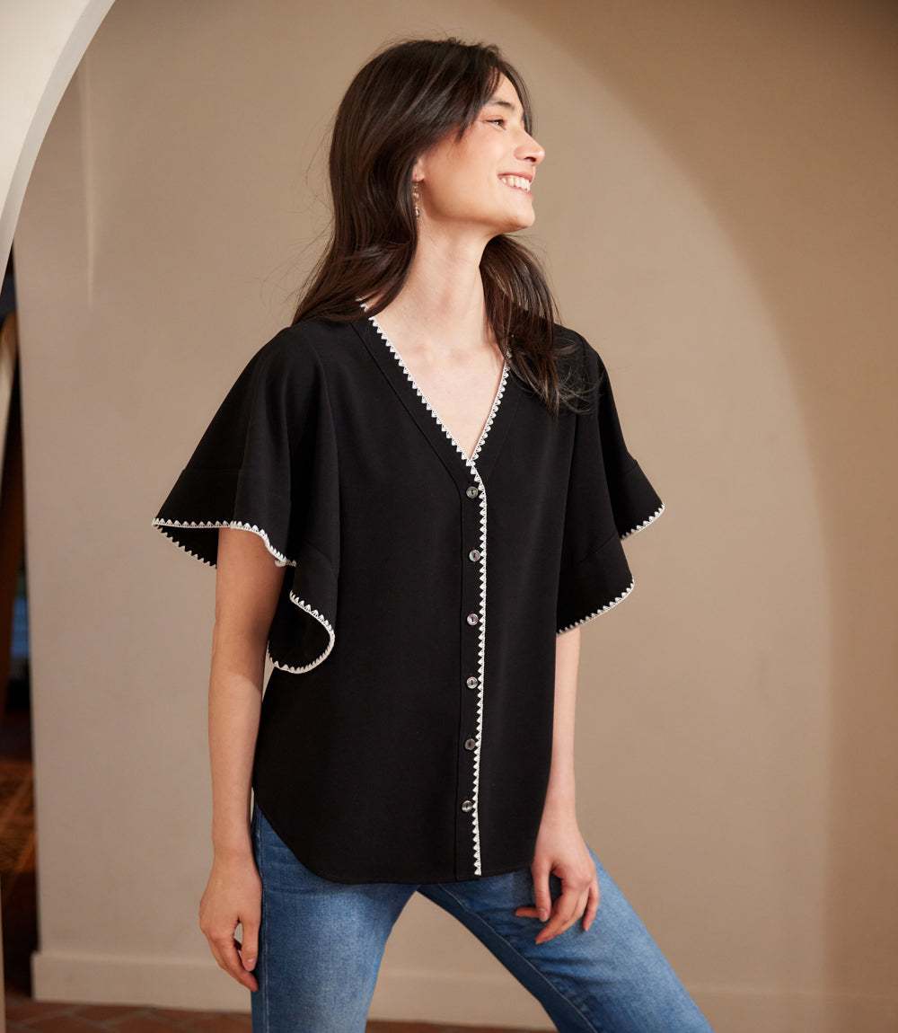 Flutter Sleeve Edge Stitch Top