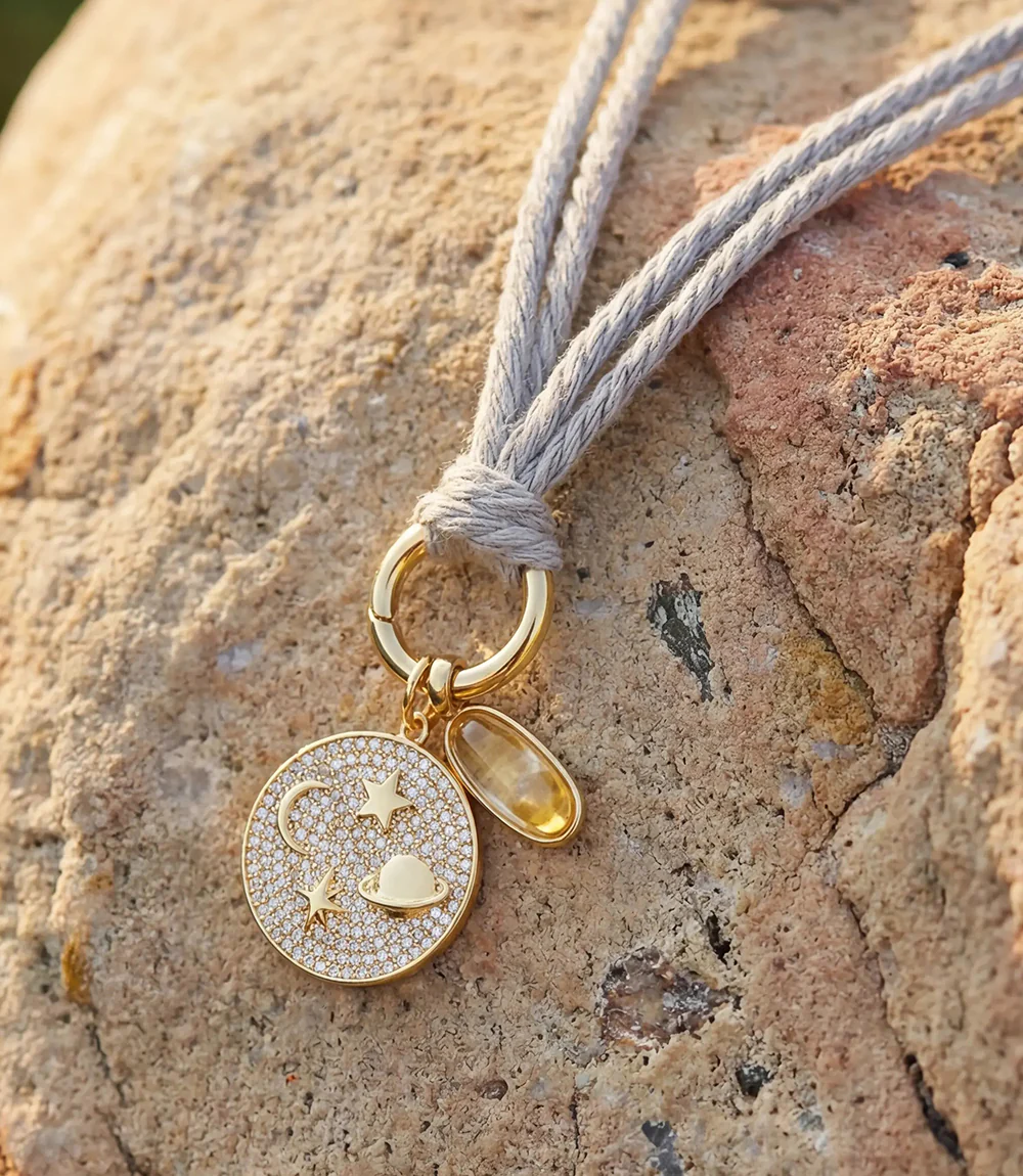 Galaxy Disc And Oval Gemstone Cord Necklace