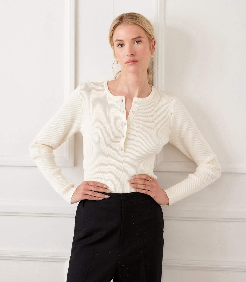 Henley Ribbed Crewneck Sweater