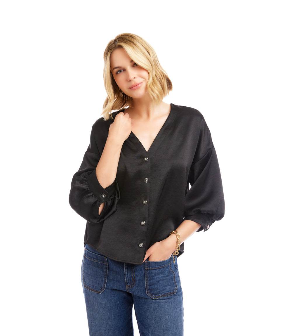 Lantern Sleeve Crystal Rhinestone Button Satin Top - Image 3
