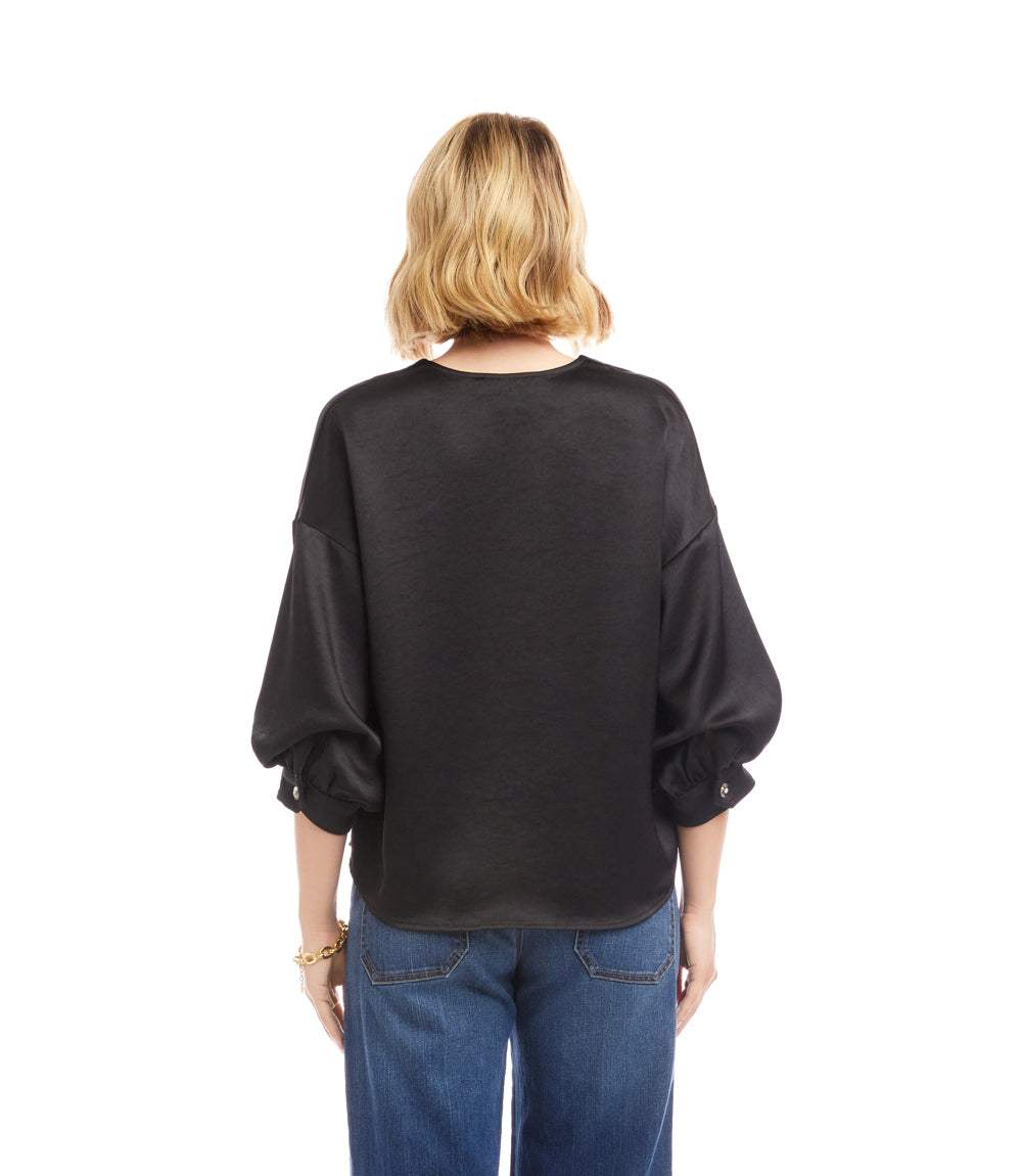 Lantern Sleeve Crystal Rhinestone Button Satin Top - Image 4