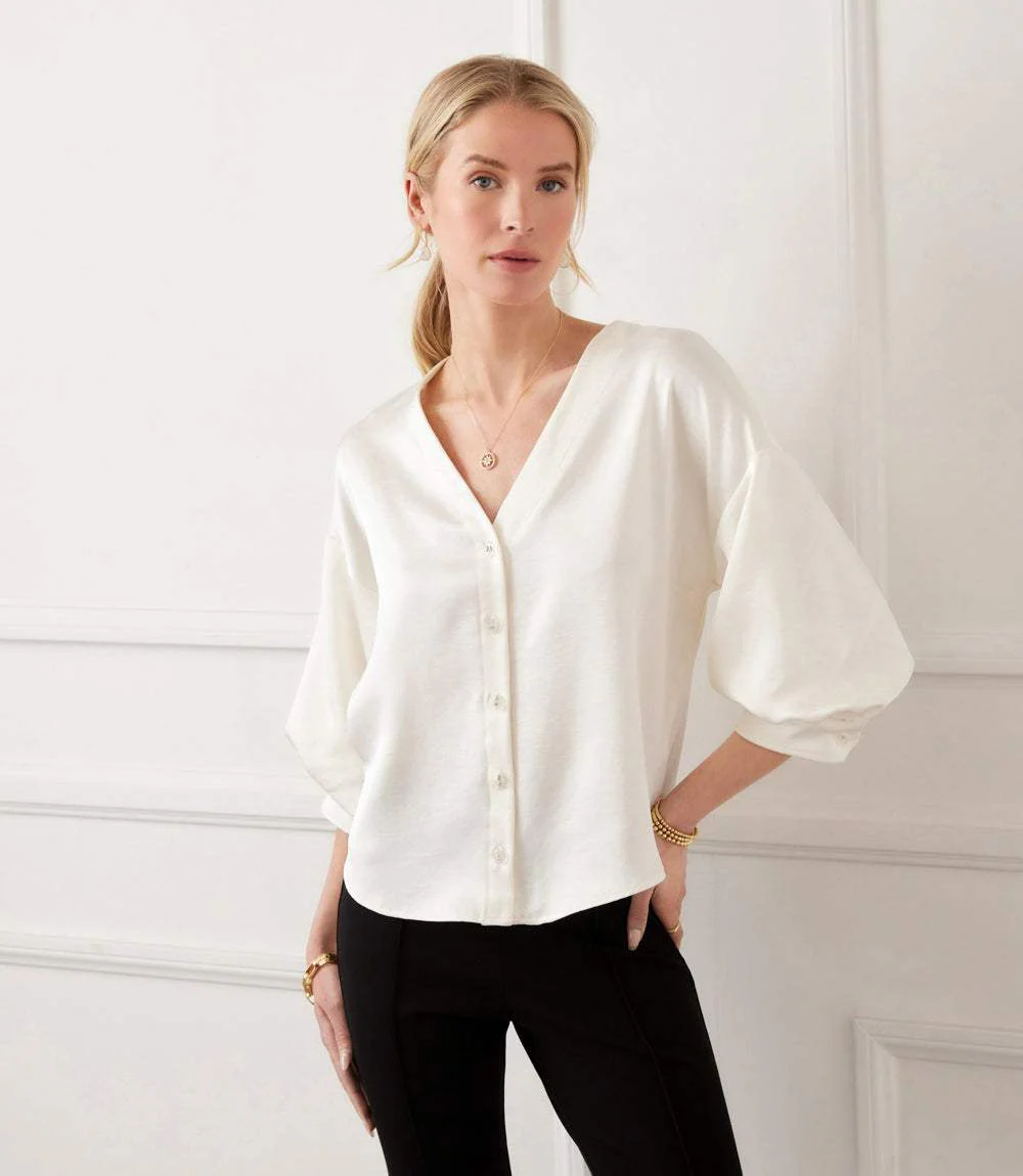 Lantern Sleeve Crystal Rhinestone Button Satin Top - Image 4