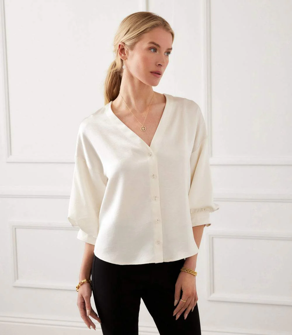 Lantern Sleeve Crystal Rhinestone Button Satin Top - Image 9