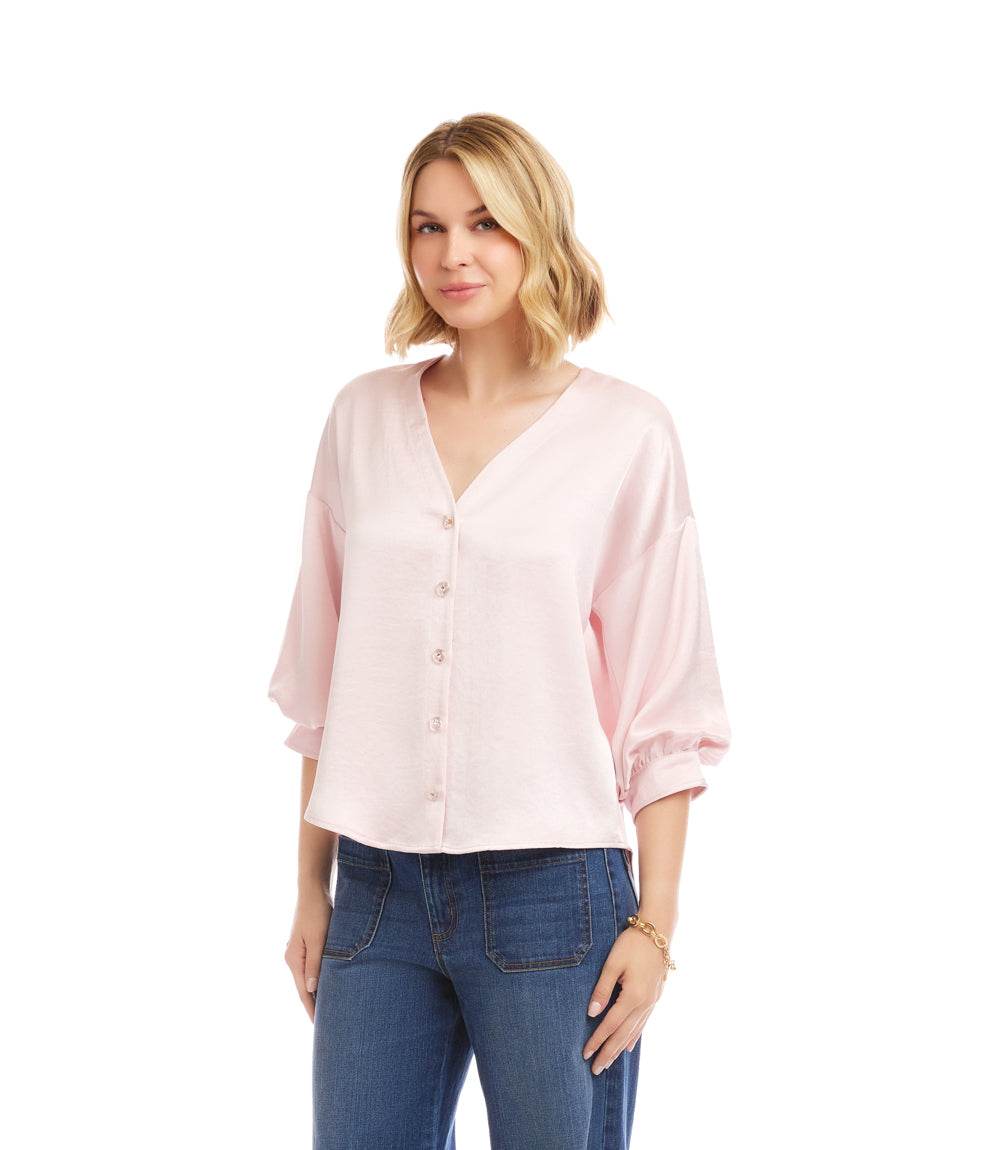 Lantern Sleeve Crystal Rhinestone Button Satin Top - Image 4