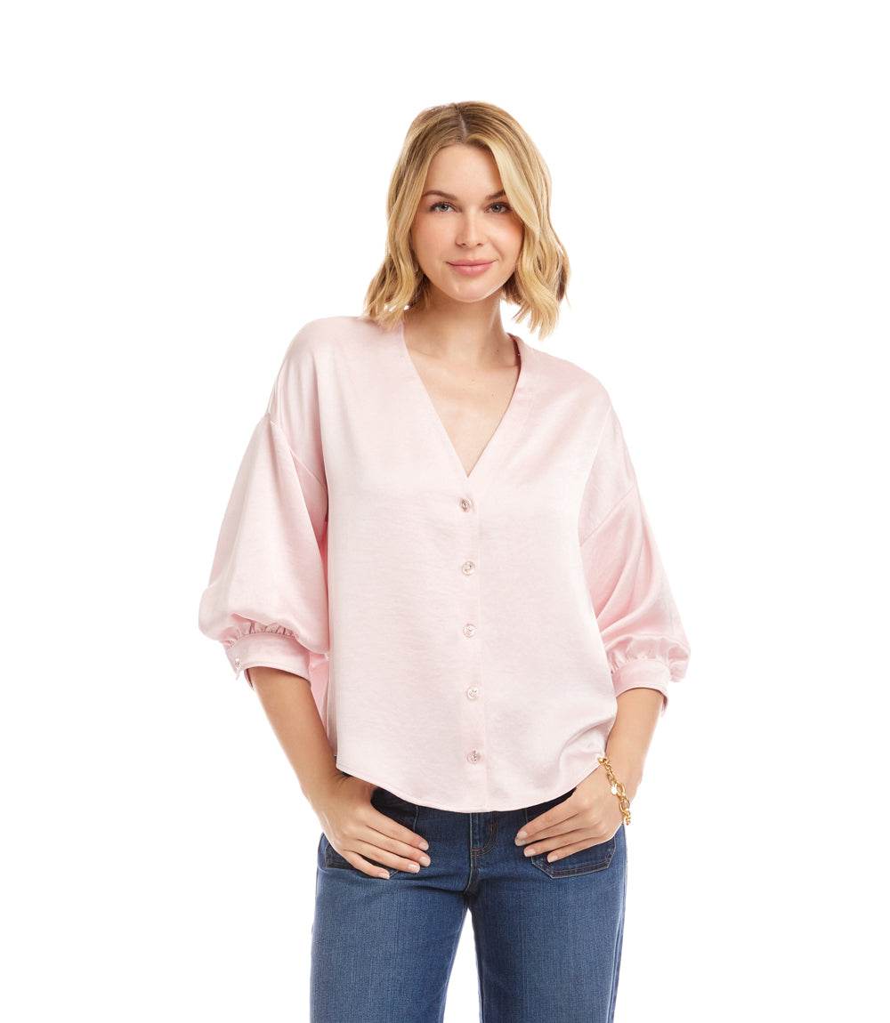 Lantern Sleeve Crystal Rhinestone Button Satin Top - Image 5