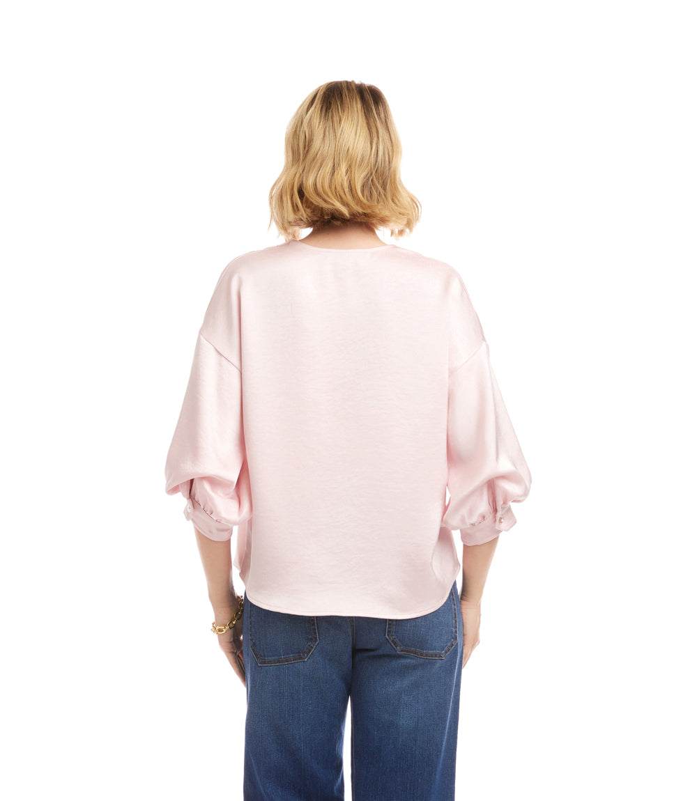 Lantern Sleeve Crystal Rhinestone Button Satin Top - Image 6