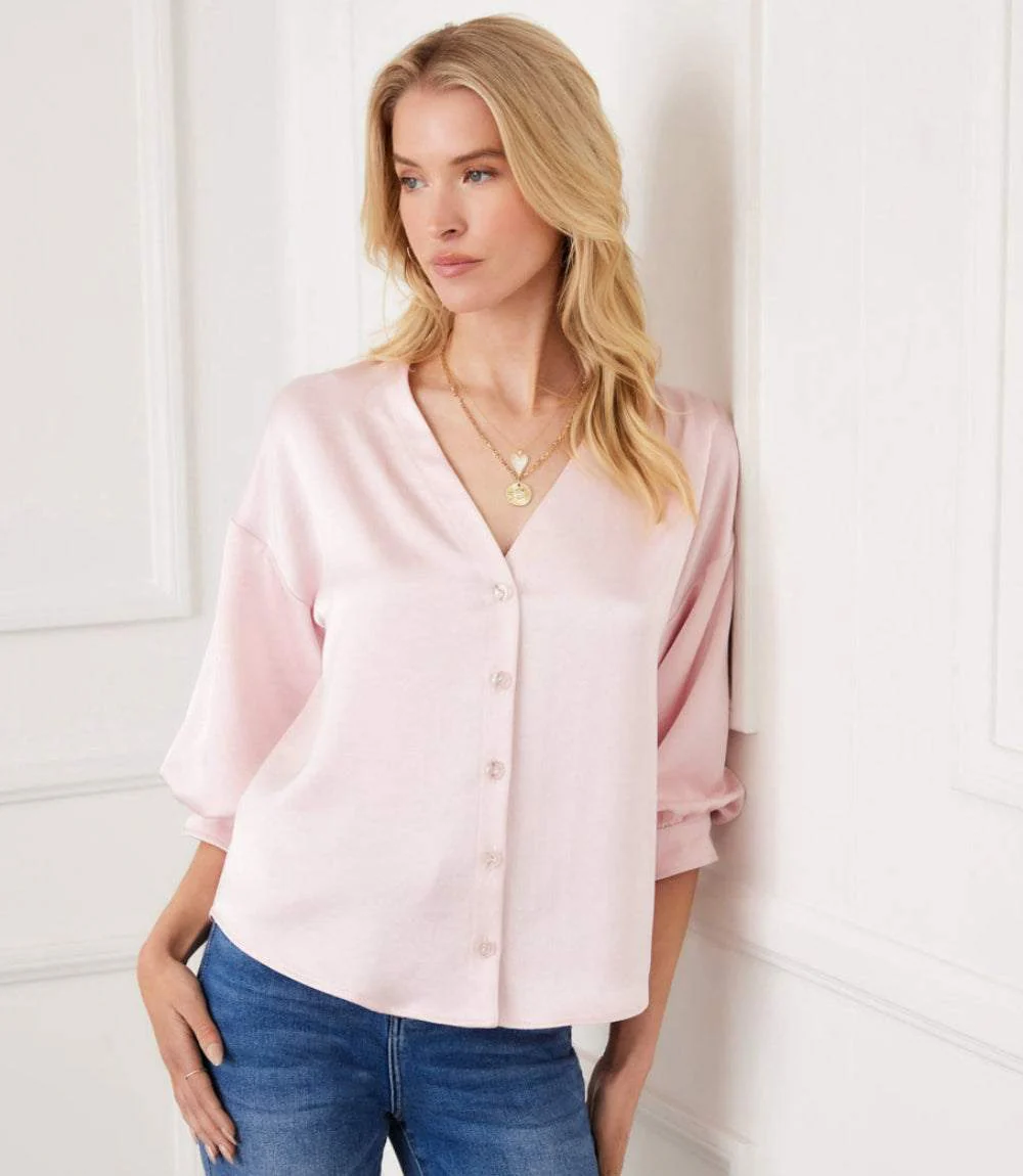 Lantern Sleeve Crystal Rhinestone Button Satin Top - Image 7