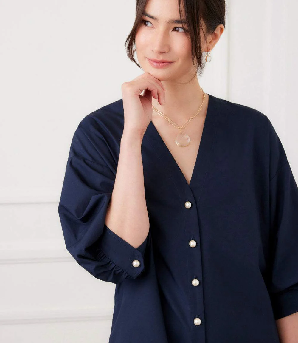 Lantern Sleeve Pearl Button Dress - Image 2