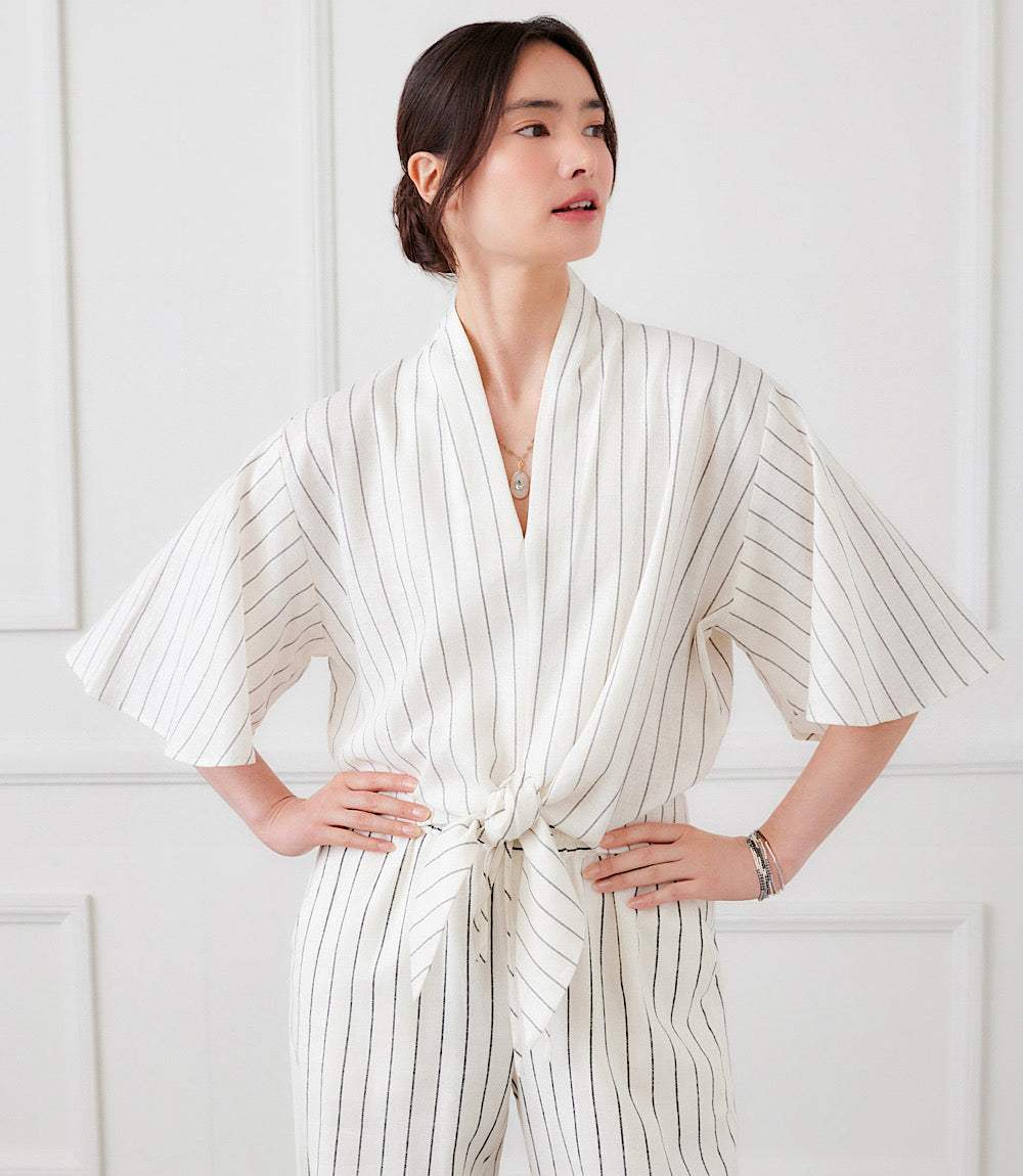 Linen Blend Stripe Drawstring Pants - Image 9
