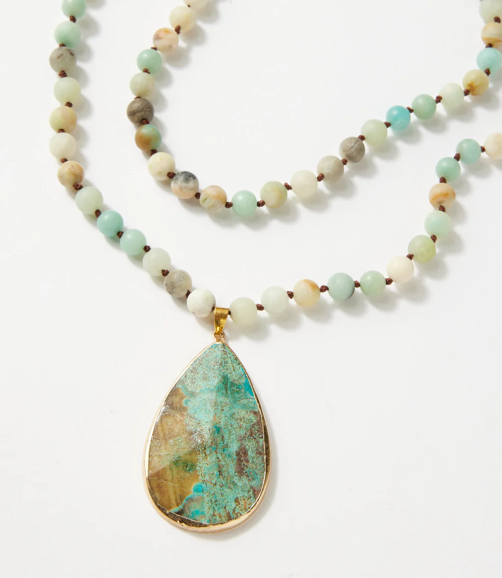 Long Beaded Amazonite Pendant Necklace - Image 2