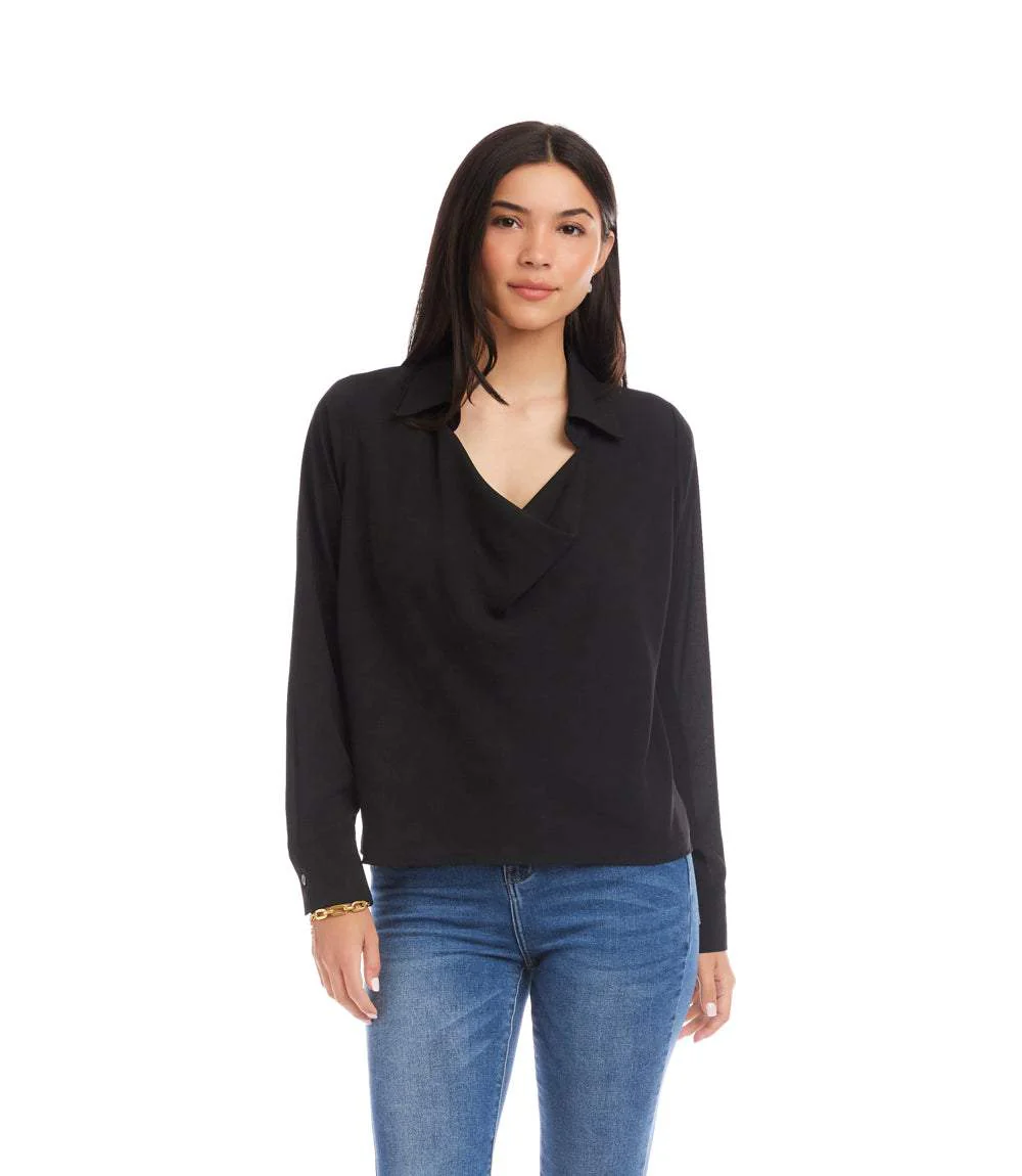 Long Sleeve Collared Cowl Neck Top