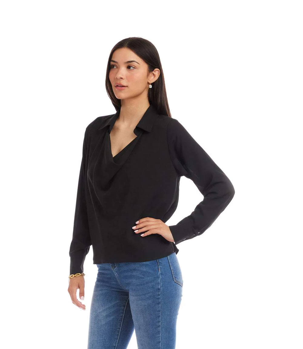 Long Sleeve Collared Cowl Neck Top - Image 2