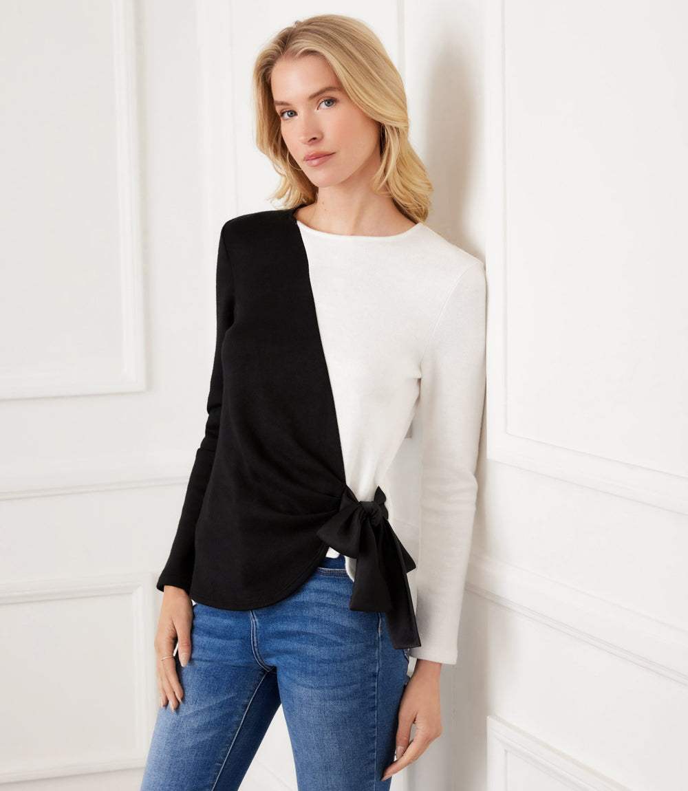 Long Sleeve Colorblock Satin Bow Top