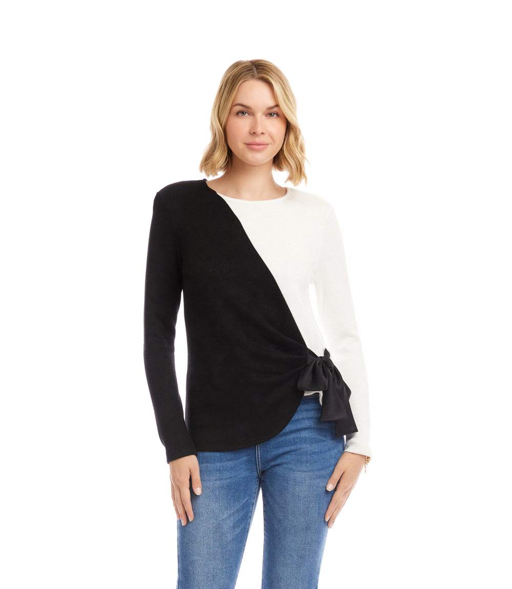 Long Sleeve Colorblock Satin Bow Top - Image 2