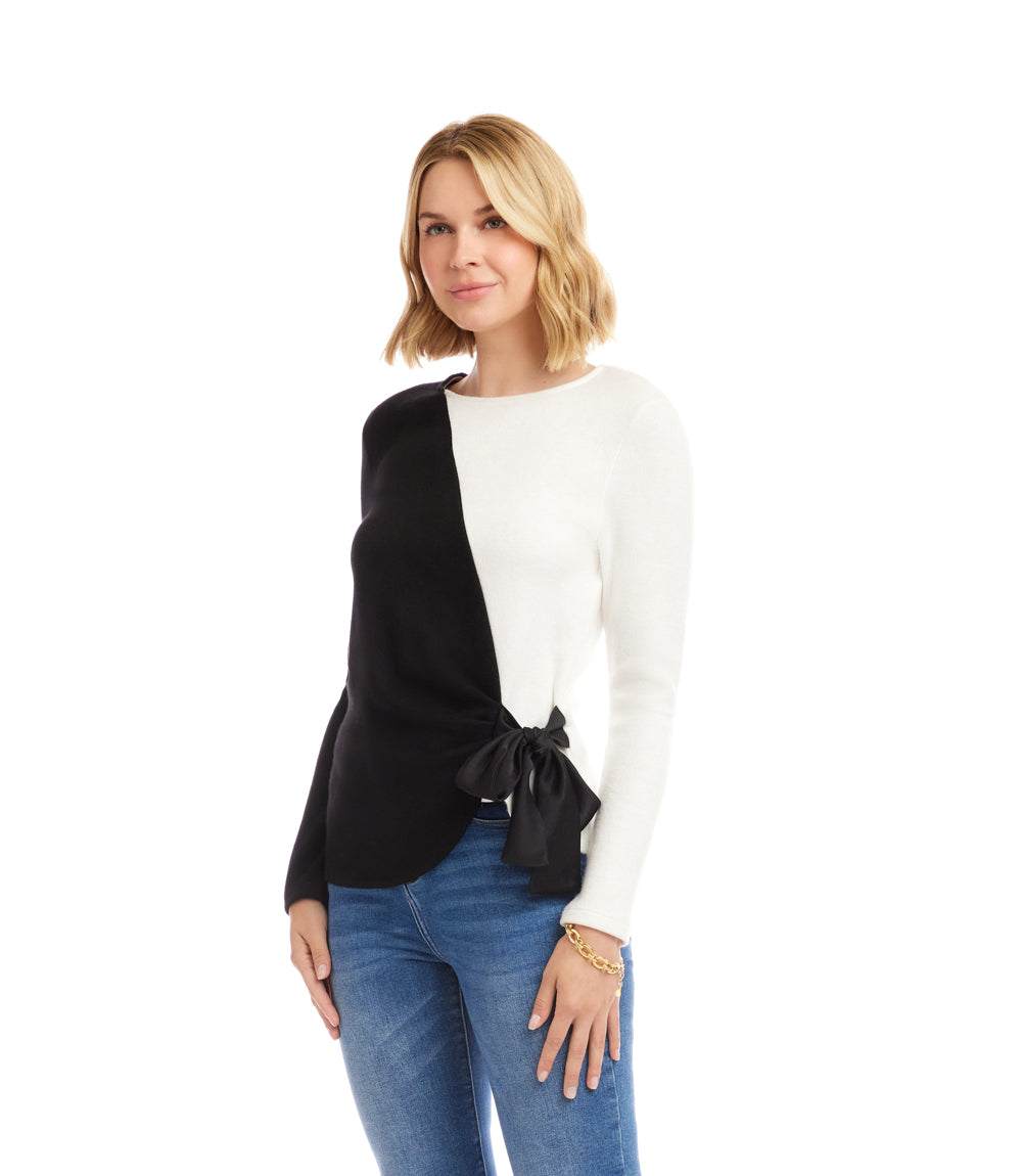 Long Sleeve Colorblock Satin Bow Top - Image 3