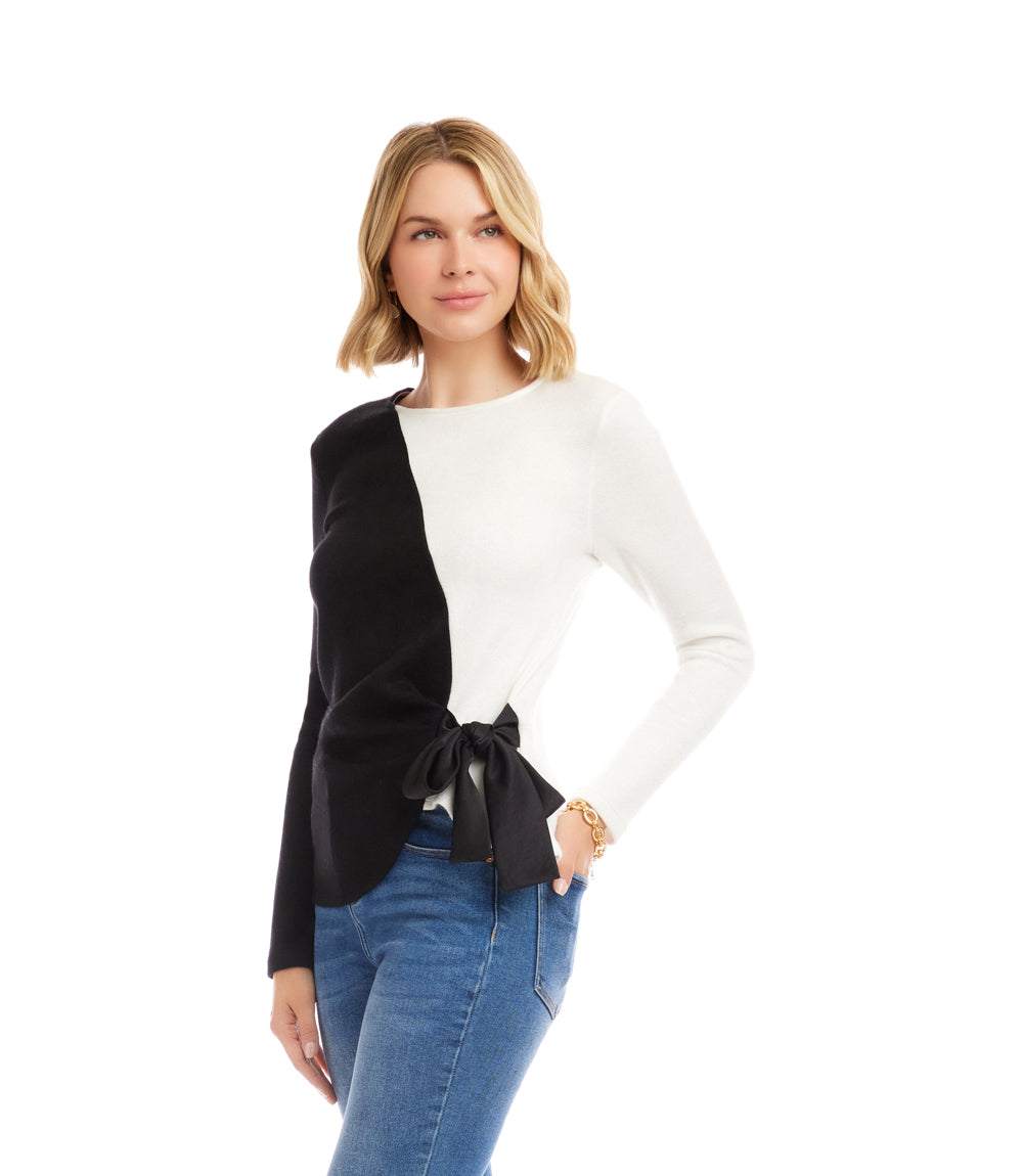 Long Sleeve Colorblock Satin Bow Top - Image 4