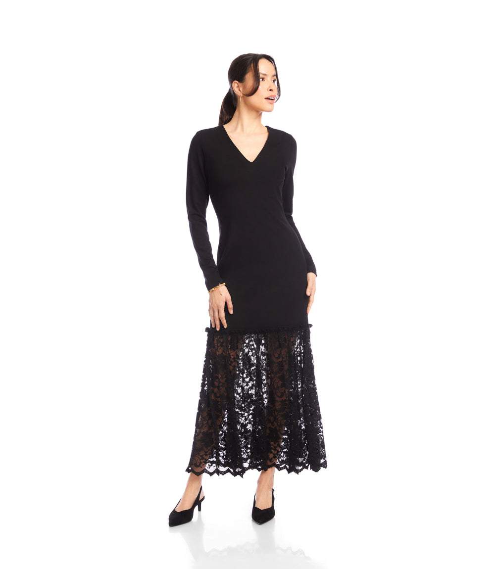 Long Sleeve Contrast Lace V-Neck Column Dress - Image 3