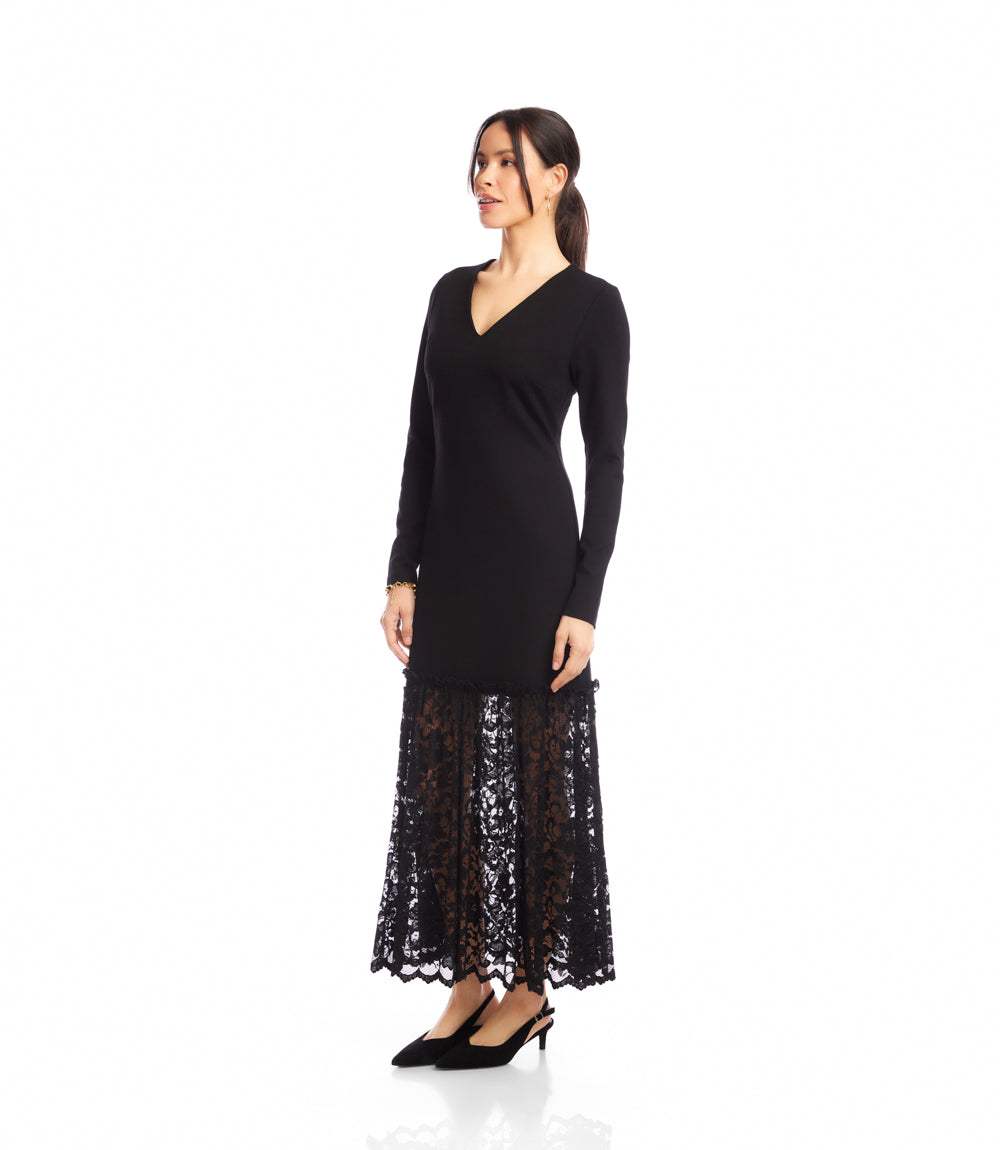 Long Sleeve Contrast Lace V-Neck Column Dress - Image 4