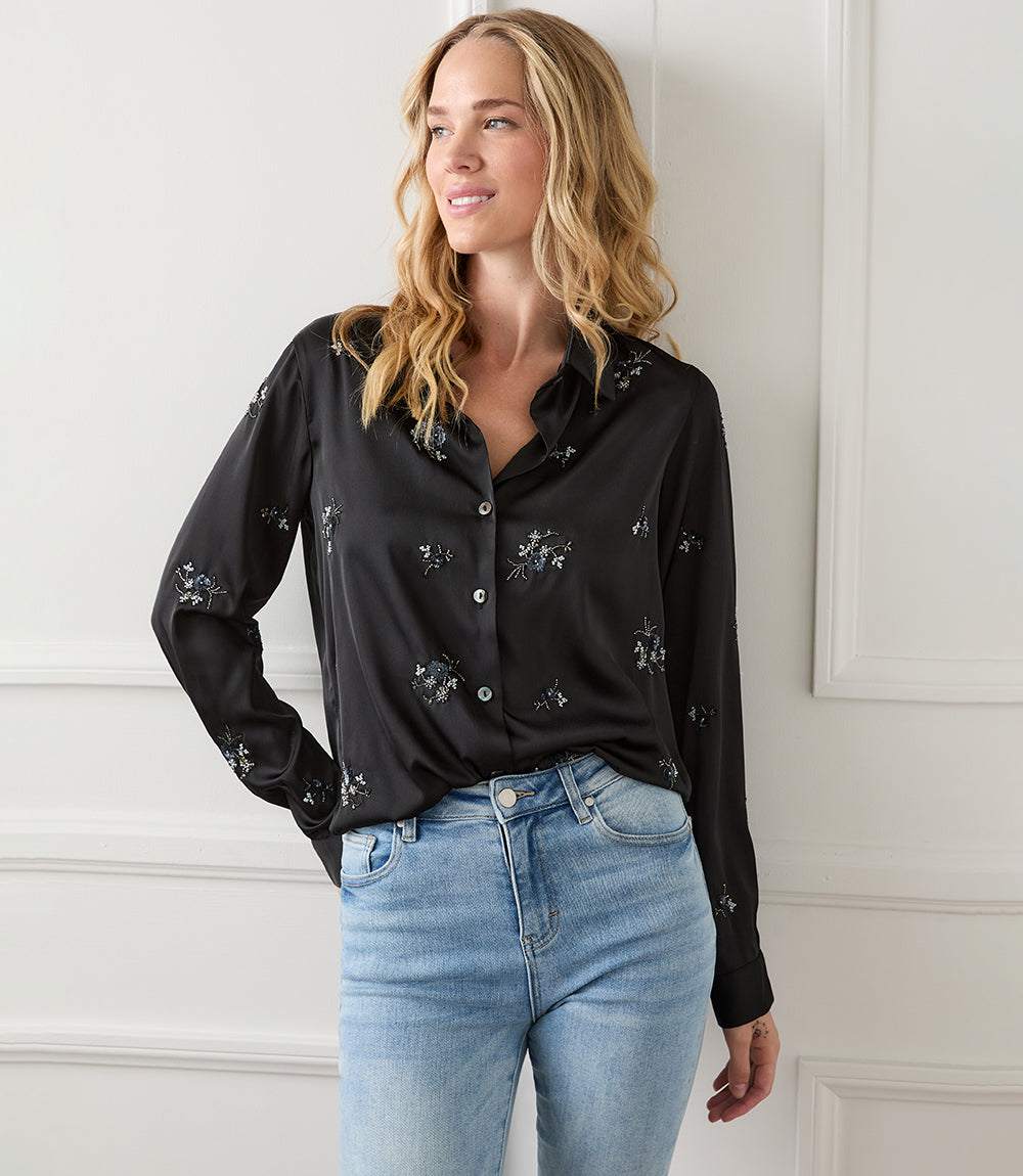 Long Sleeve Embellished Button-Up Shirt