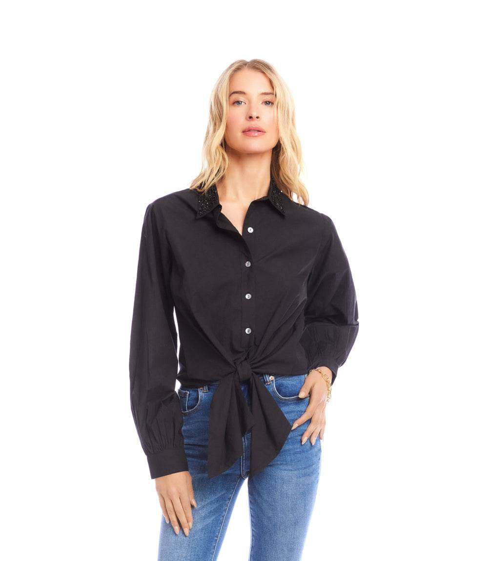 Long Sleeve Embellished Collar Tie-Front Top - Image 3