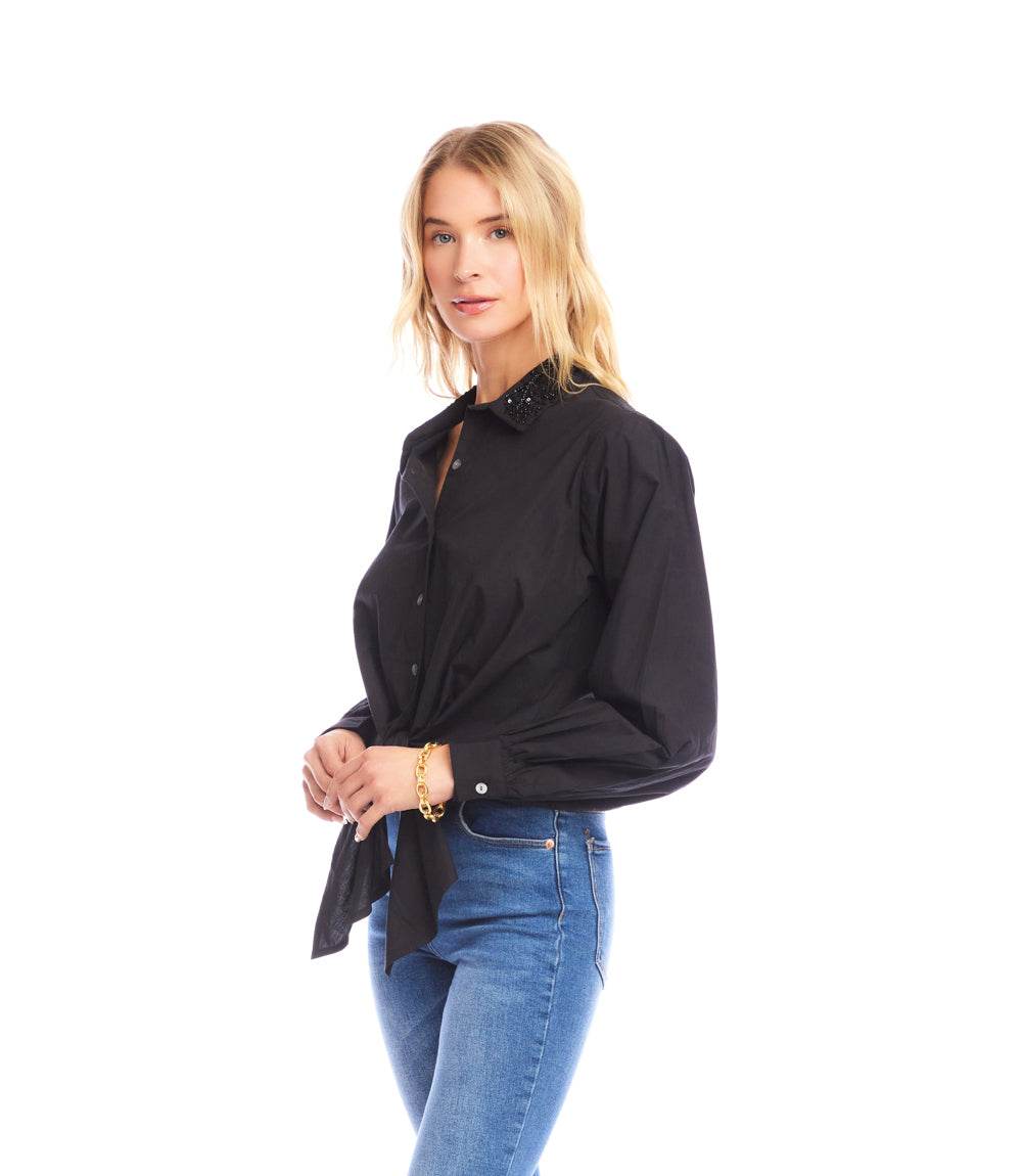 Long Sleeve Embellished Collar Tie-Front Top - Image 4