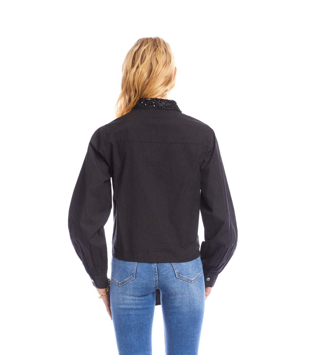Long Sleeve Embellished Collar Tie-Front Top - Image 5
