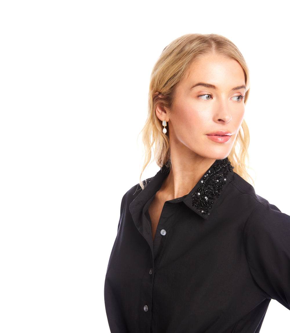 Long Sleeve Embellished Collar Tie-Front Top - Image 6
