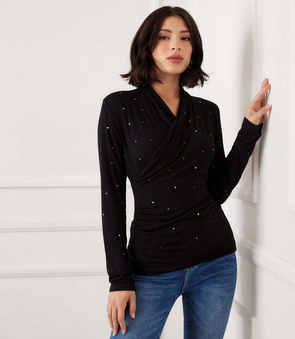 Long Sleeve Embellished Drape Front Crossover Top - Image 2