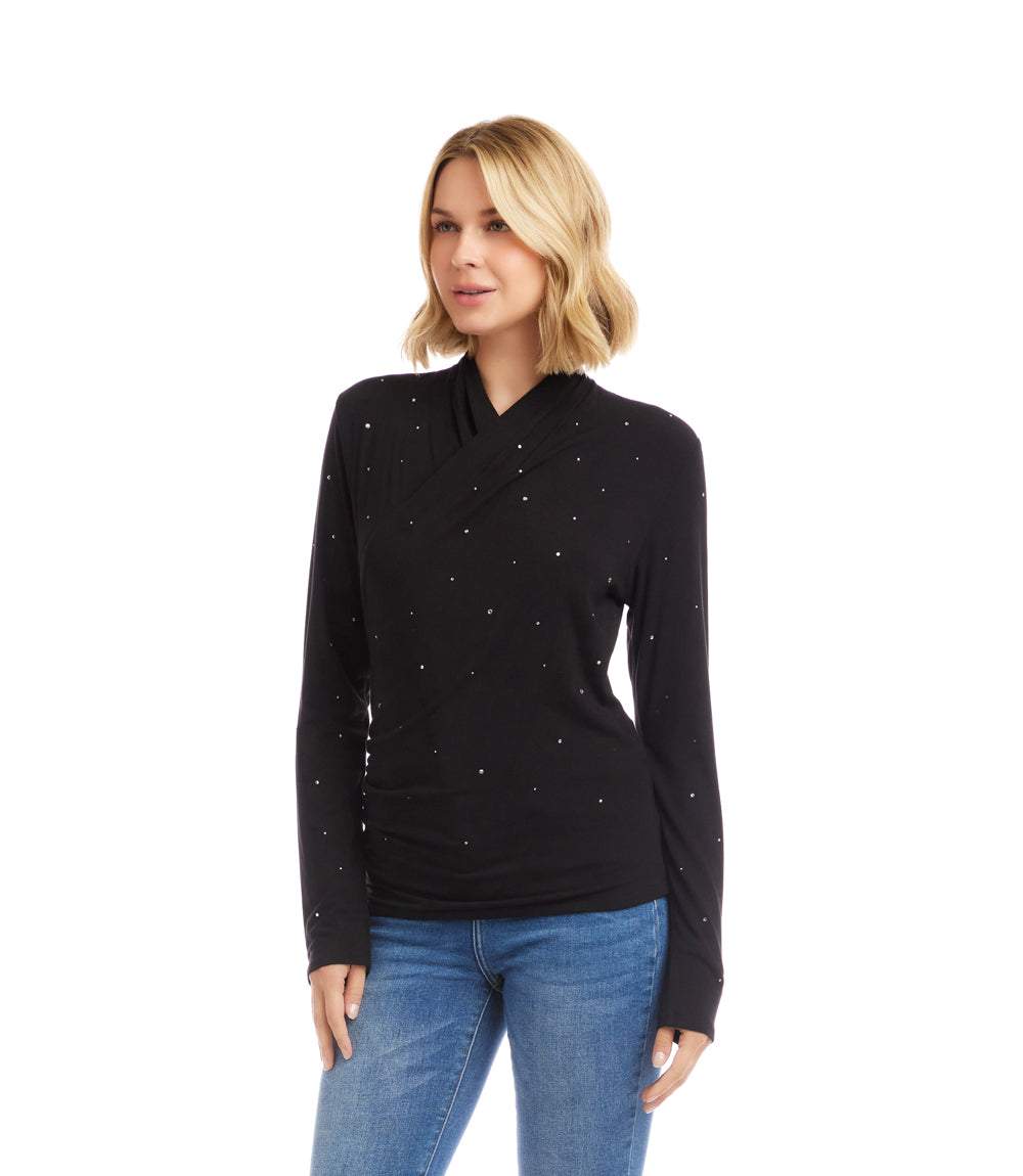 Long Sleeve Embellished Drape Front Crossover Top - Image 5