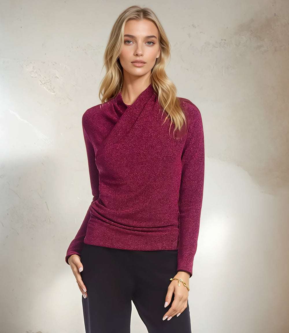Petite Size Long Sleeve Metallic Crossover Side-Shirred Top