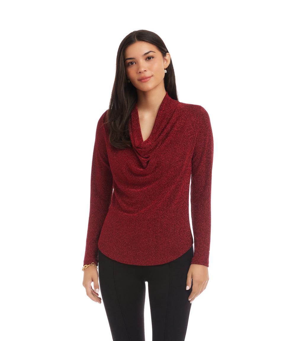 Long Sleeve Metallic Knit Drape Neck Top - Image 2