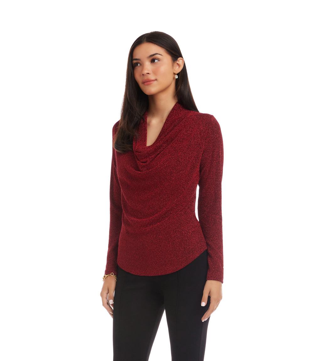 Long Sleeve Metallic Knit Drape Neck Top - Image 3