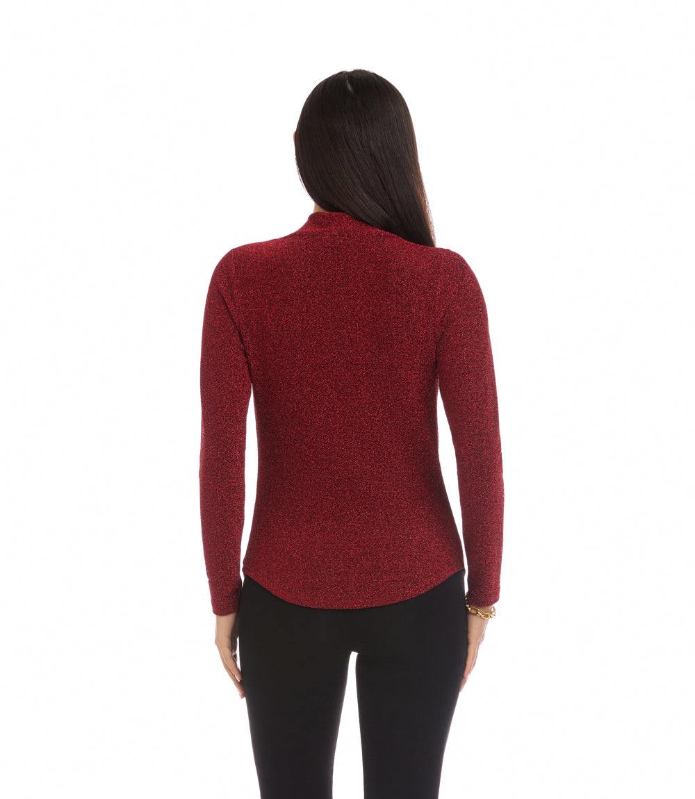 Long Sleeve Metallic Knit Drape Neck Top - Image 4