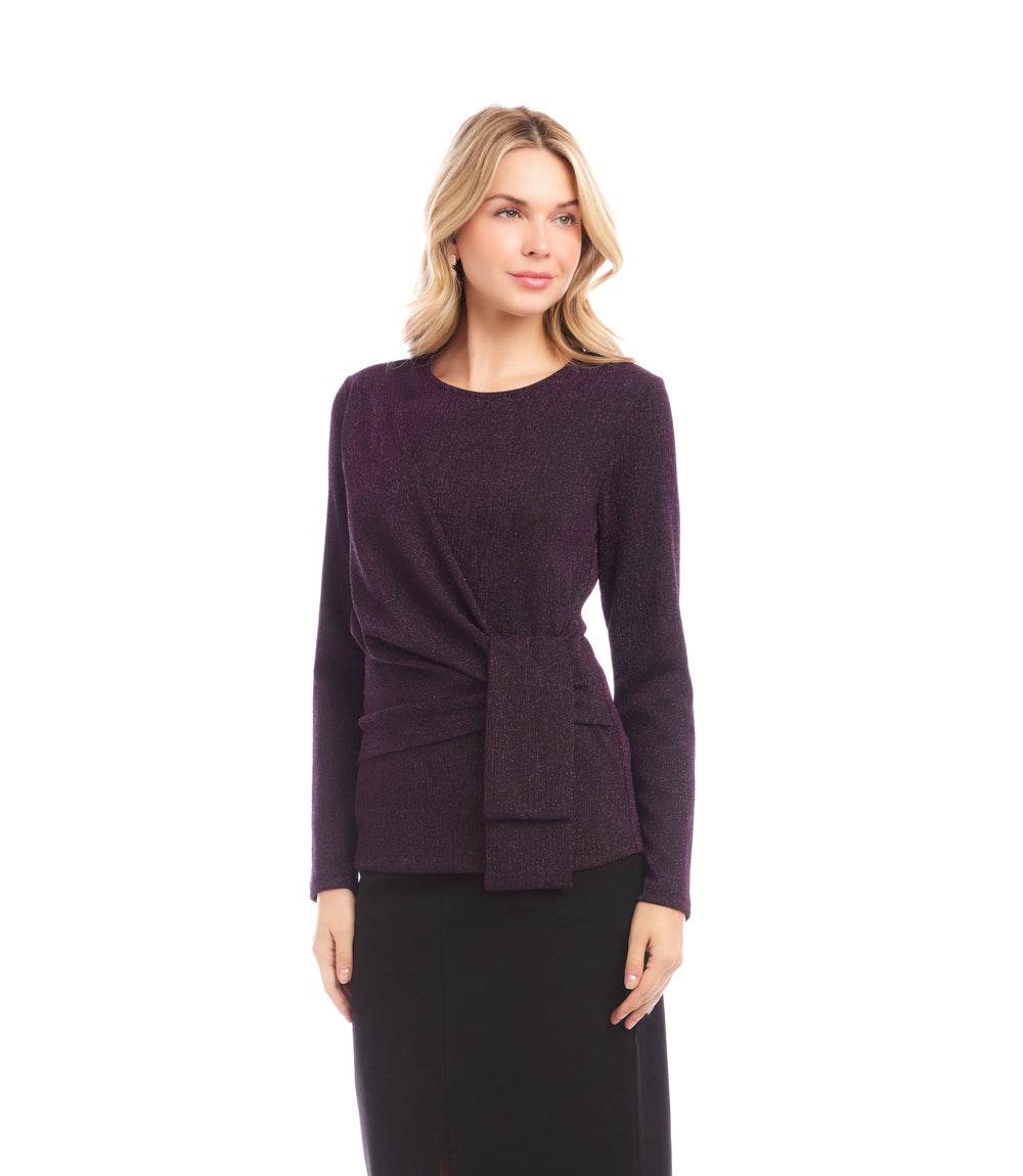 Long Sleeve Metallic Knit Side-Tie Top - Image 3