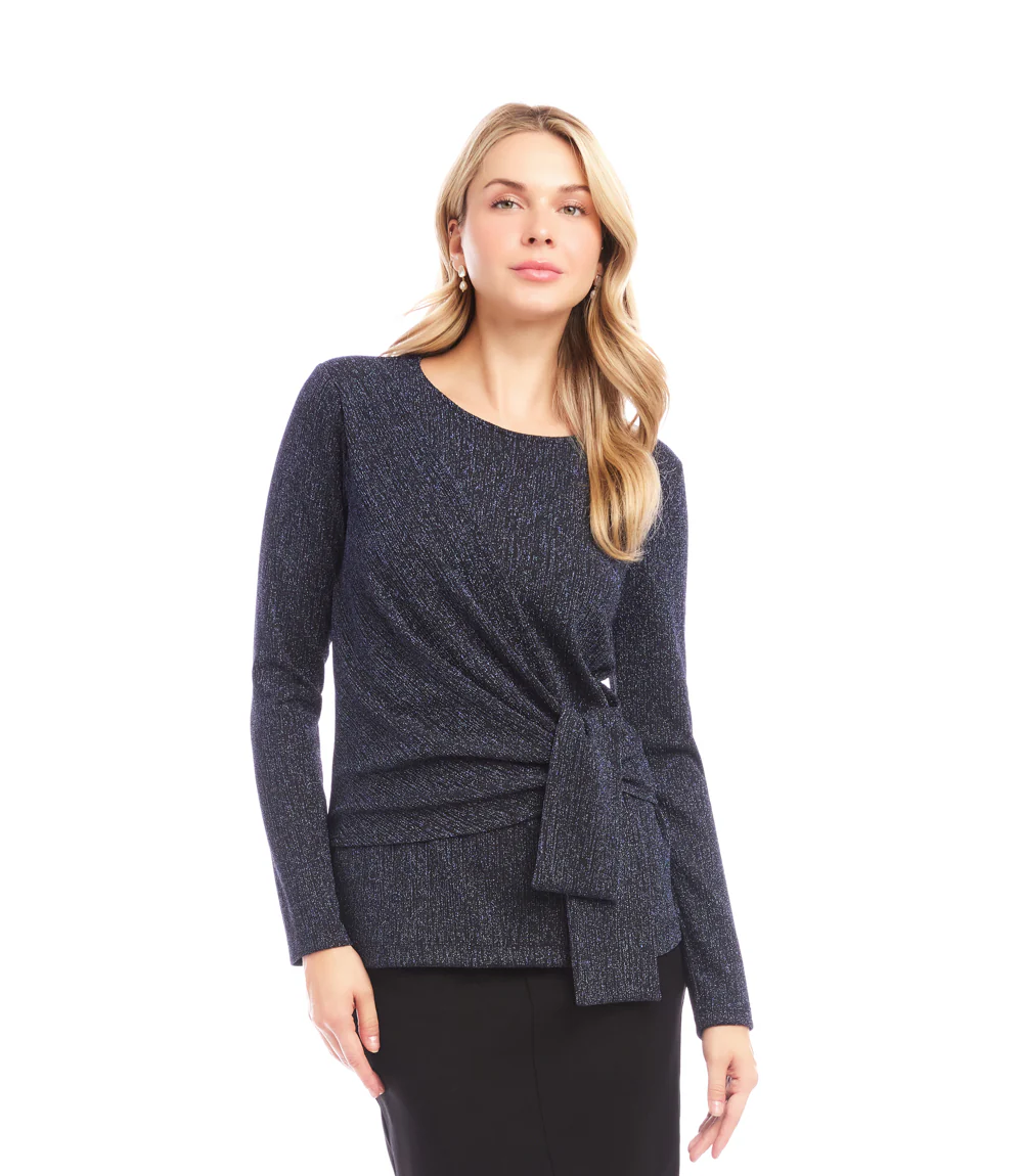 Long Sleeve Metallic Knit Side-Tie Top - Image 2