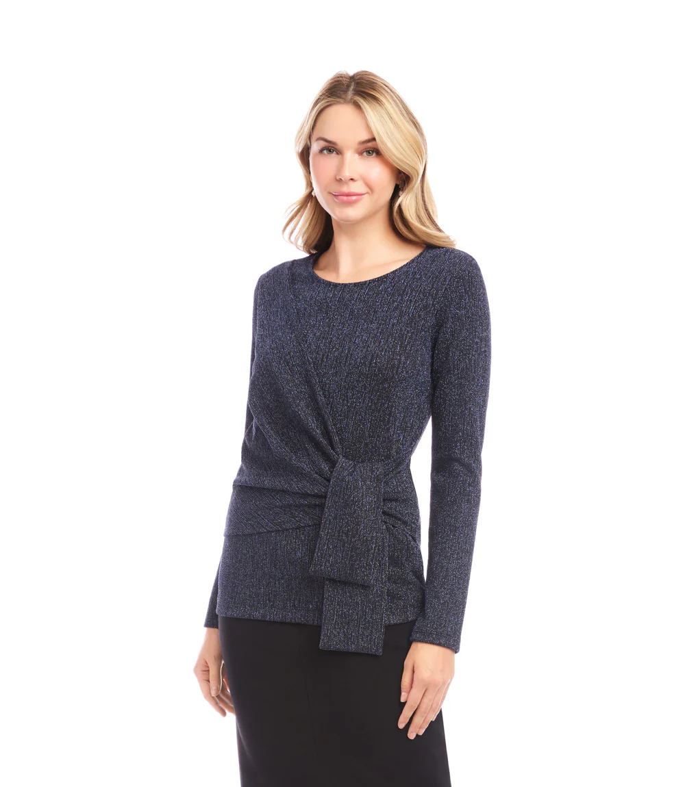 Long Sleeve Metallic Knit Side-Tie Top - Image 3