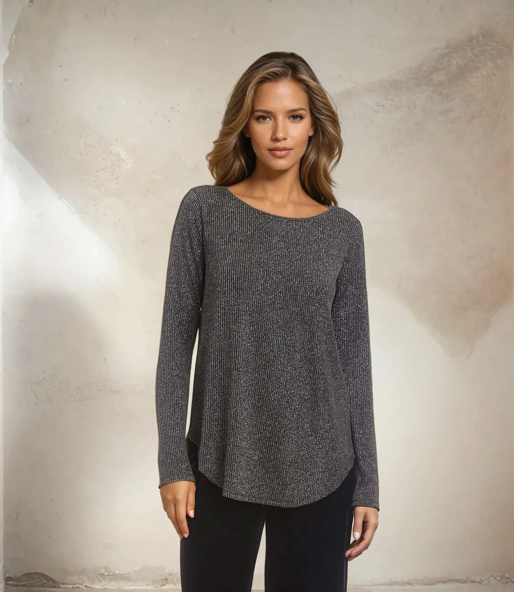 Long Sleeve Metallic Stripe Shirttail Top - Image 2