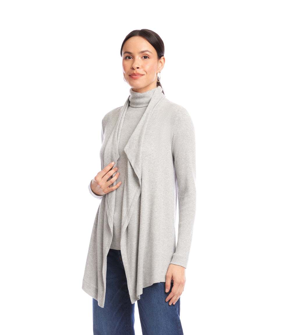 Long Sleeve Ribbed Drape Front Cardigan - Image 4